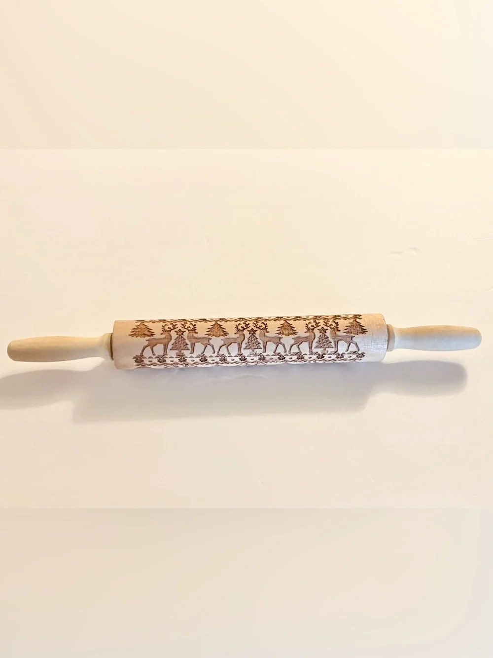 Unbranded Wood Rolling Pin with Carved Reindeer and Tree Pattern - Natural Wood